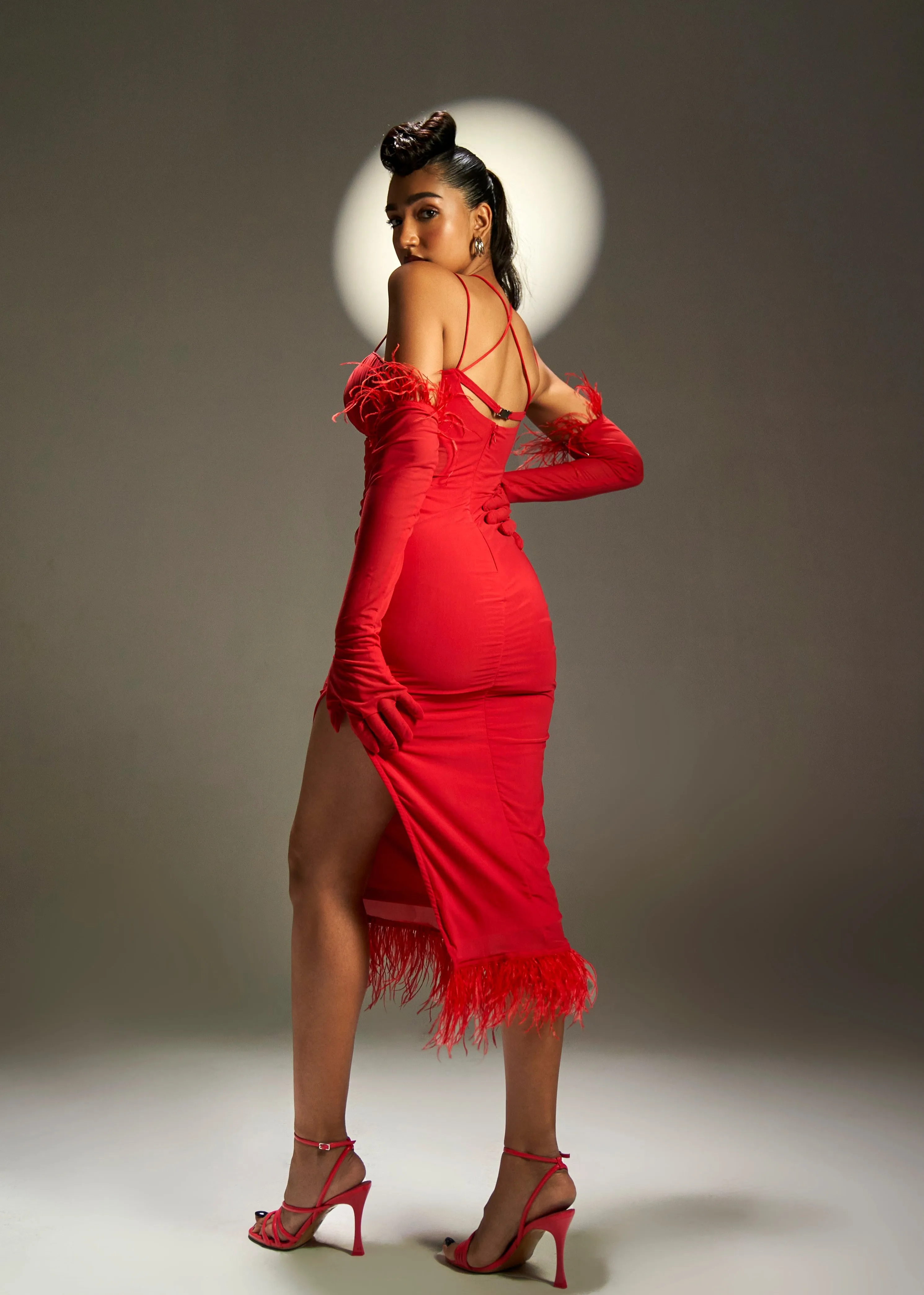 Solange Red Ruched Midi Dress