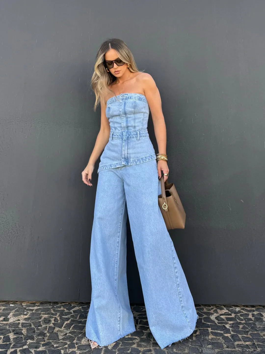 Splicing Tube Top Denim Jumpsuit