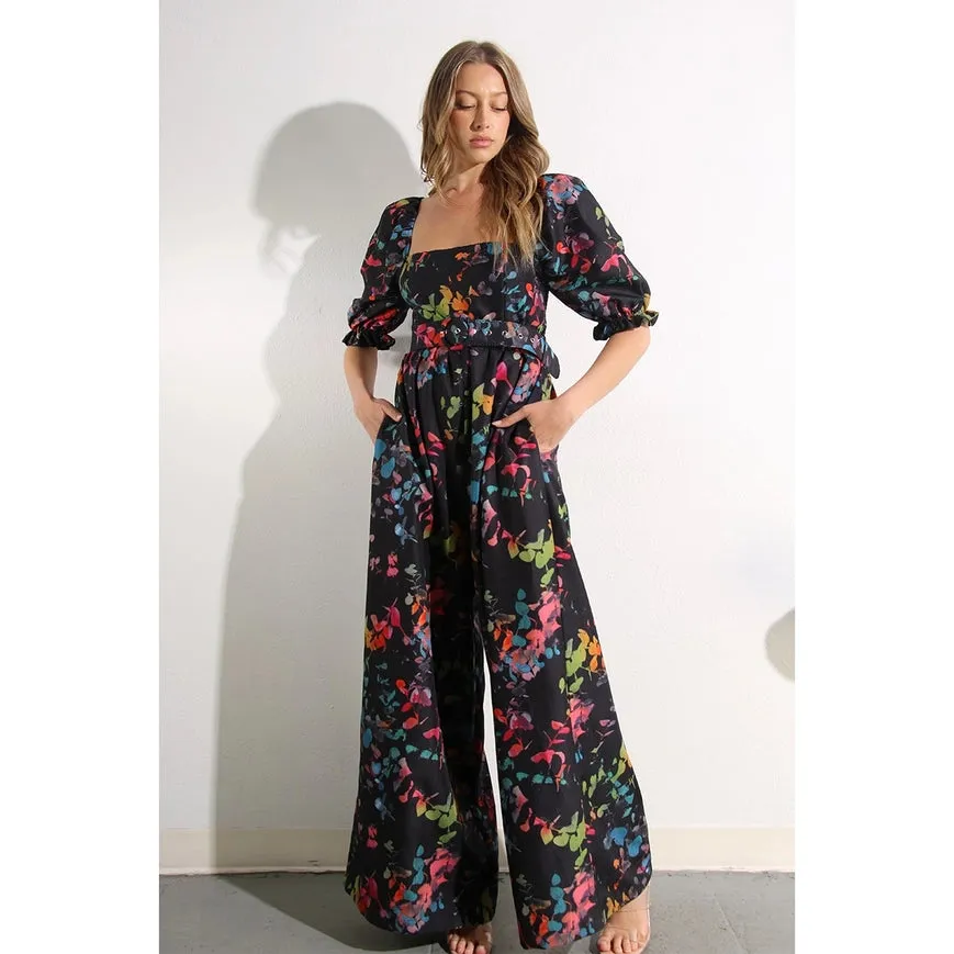 Square Neck Jumpsuit Black Multi