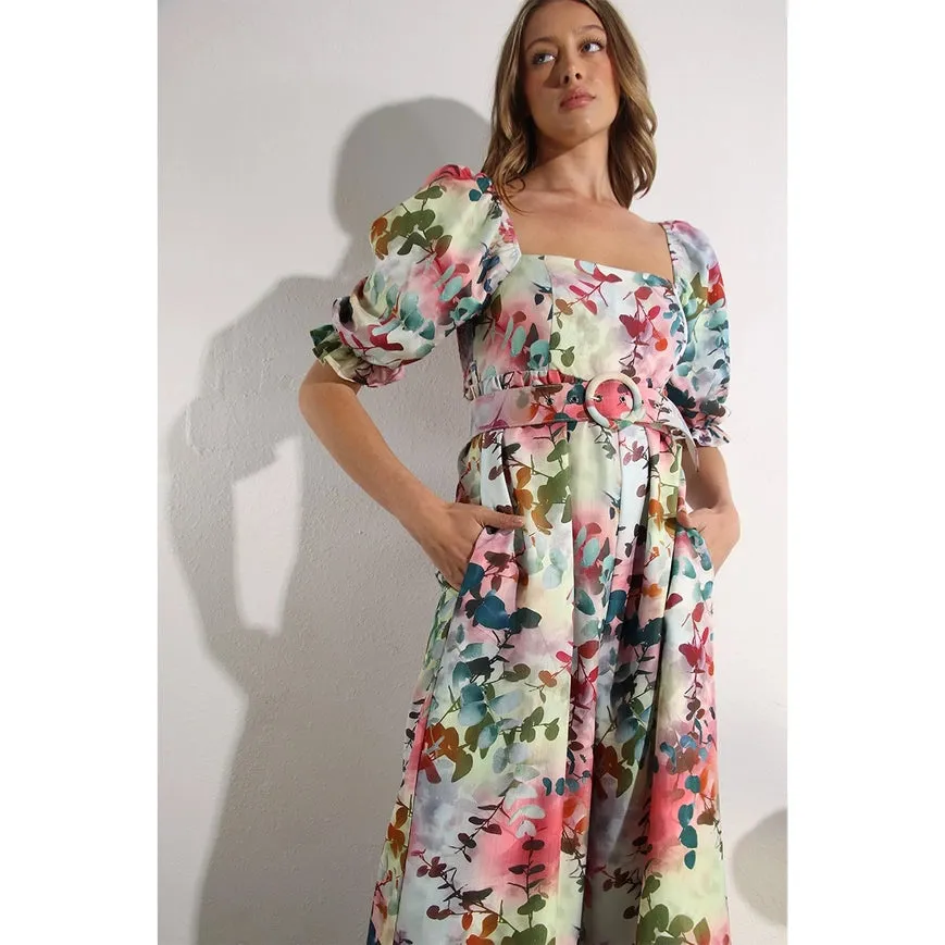 Square Neck Jumpsuit Sage Multi