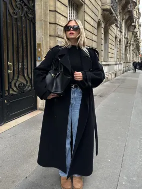 star - black oversized wool Trenchcoat with belt