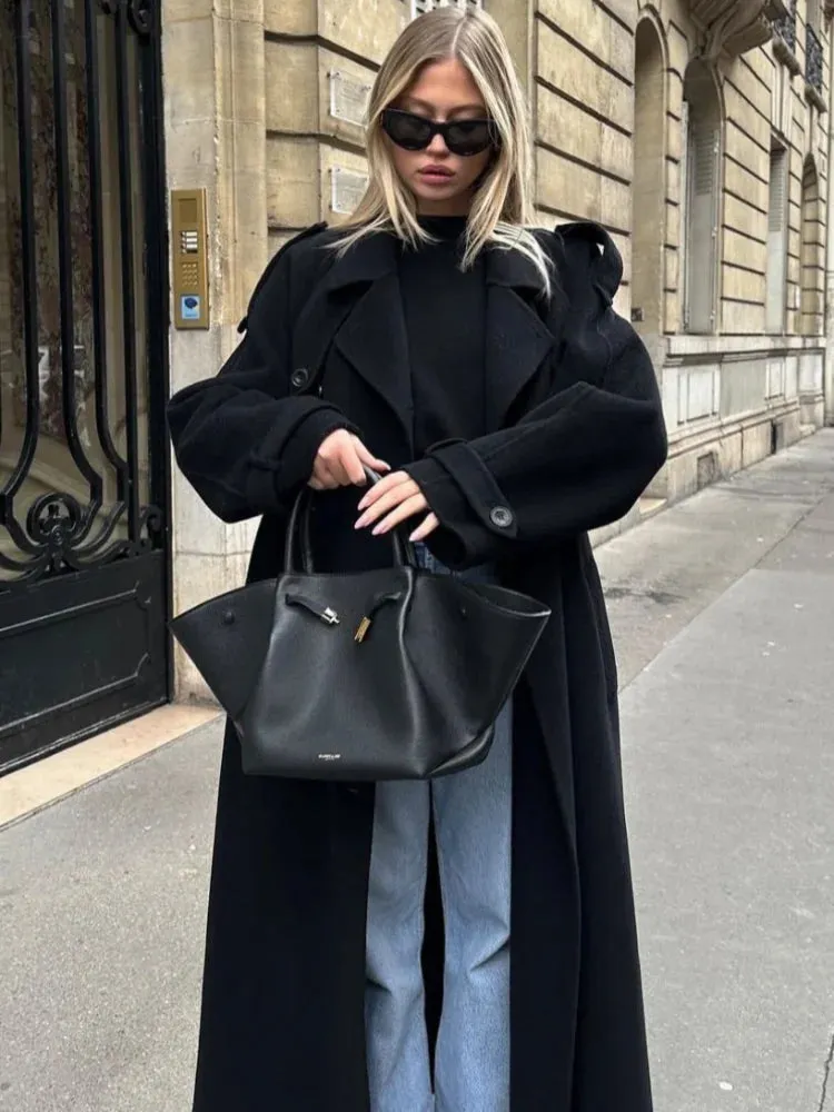 star - black oversized wool Trenchcoat with belt