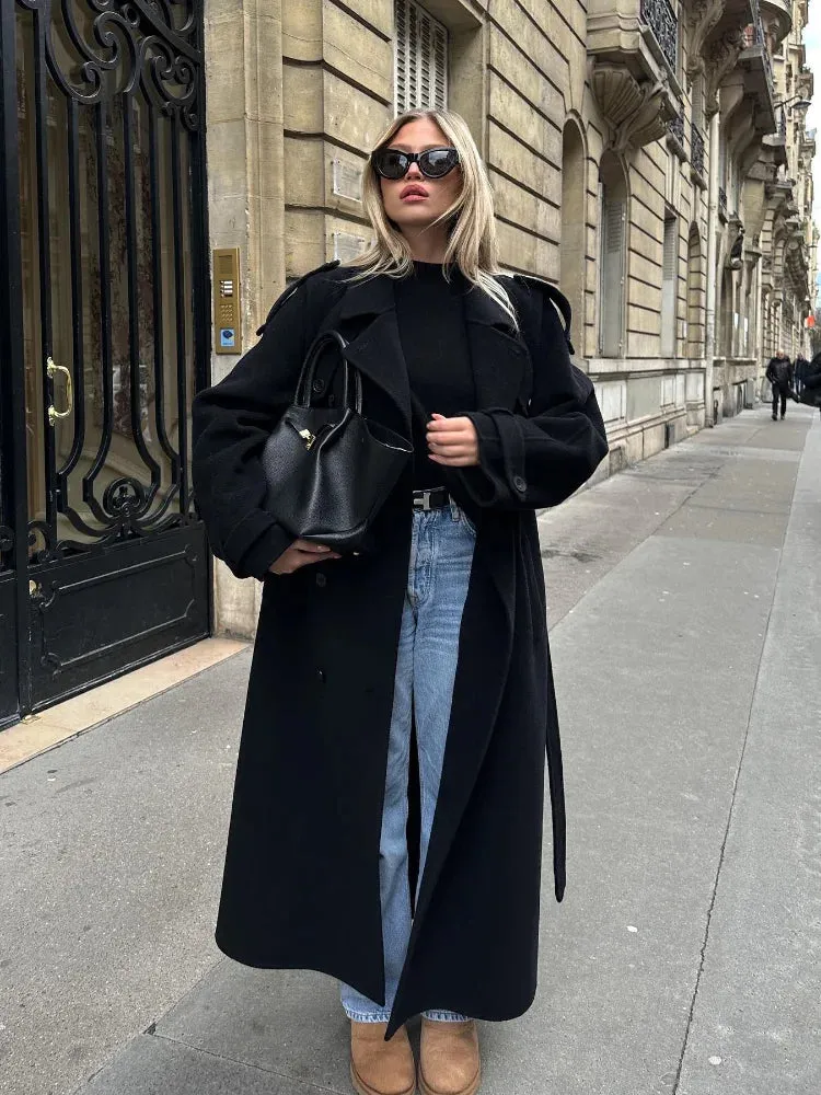 star - black oversized wool Trenchcoat with belt