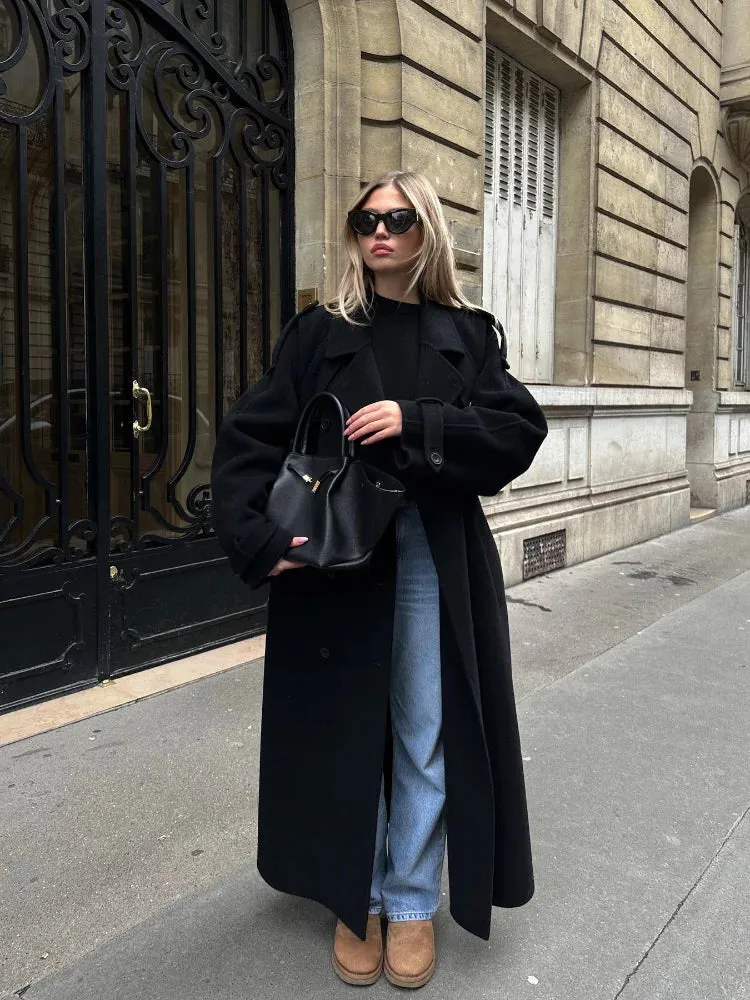 star - black oversized wool Trenchcoat with belt