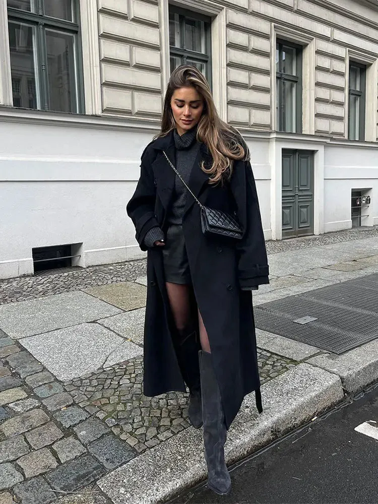 star - black oversized wool Trenchcoat with belt