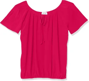 Star Vixen Women's Short/Slit Sleeve Keyhole-tie Peasant Top Bubble Hem