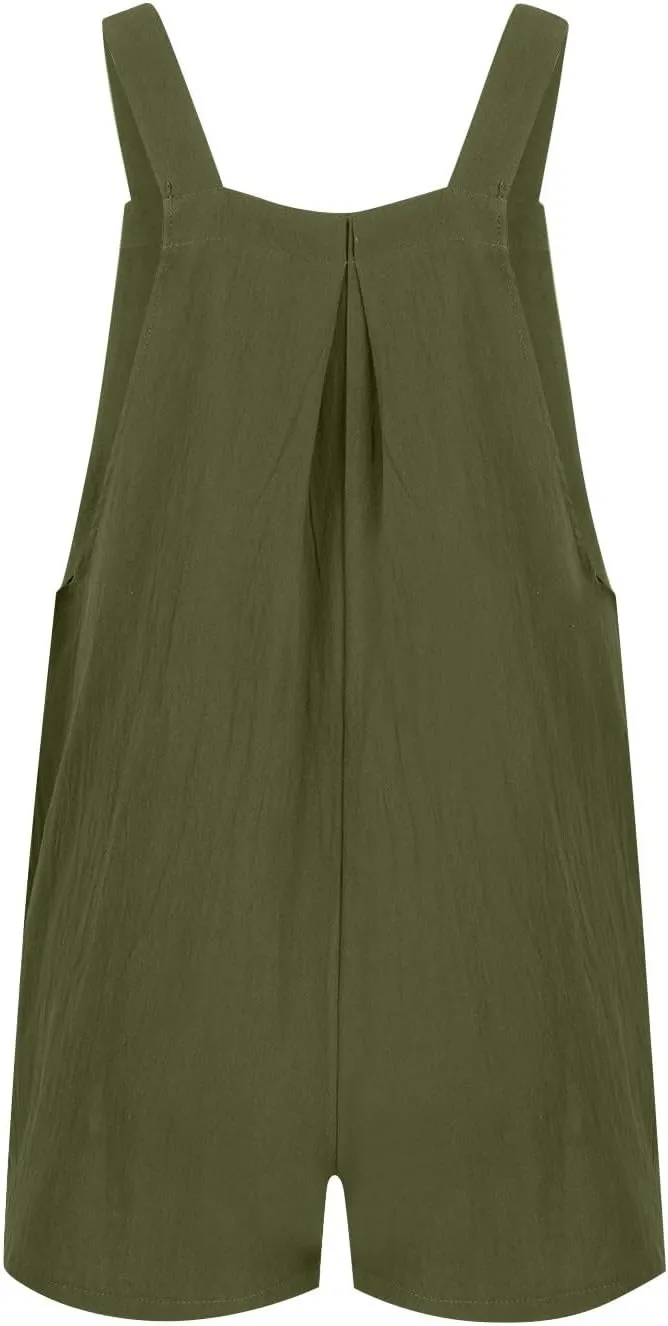 Summer Rompers for Women 2025 Plus Size Linen Overall Shorts Shortalls Adjustable Straps Smocked Short Bib Overalls Jumpsuits