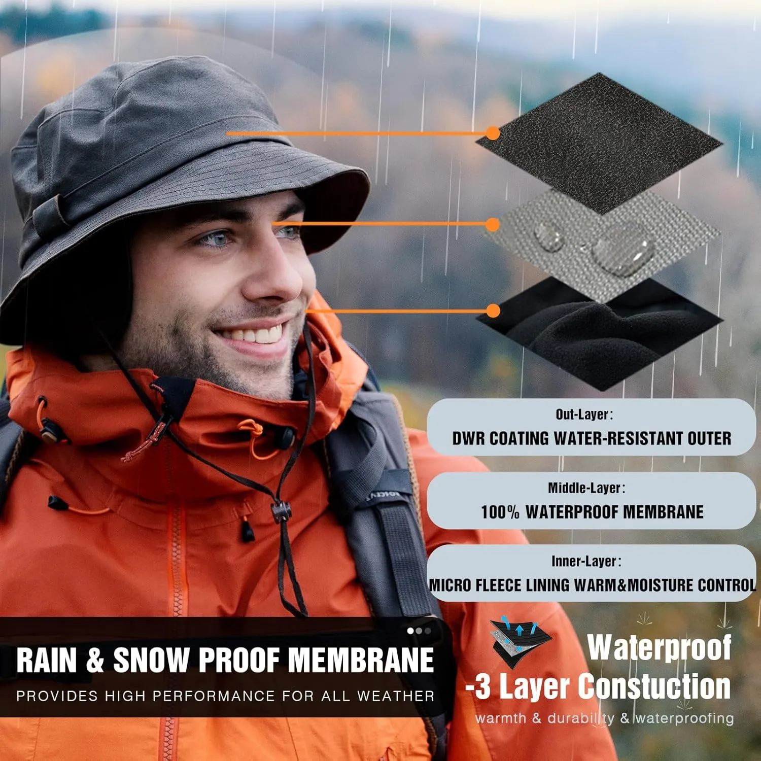 TOP-EX L/XL/XXL Waterproof Golf Bucket Rain Hat - Faux Leather Winter Fleece Hat with Ear Flaps for Cold Weather Unisex