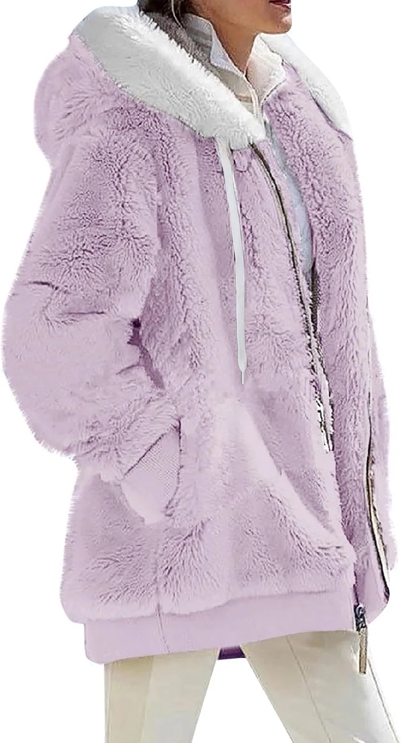 UQRZAU Winter Jackets for Women, Women's Plush Zippered Hooded Solid Color/Color Block Patchwork Cardigan S, 5XL