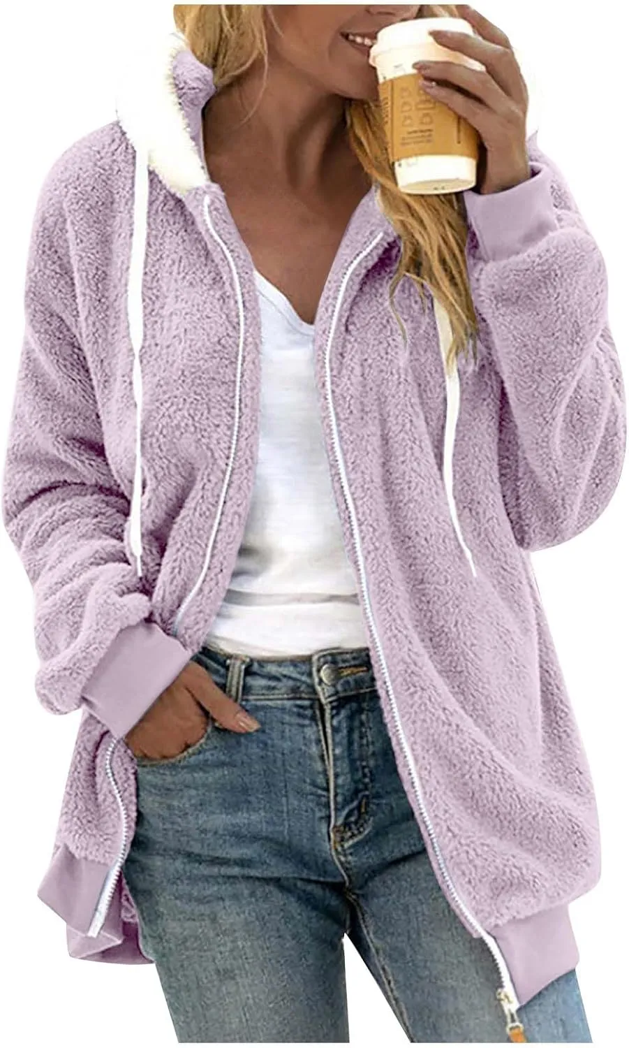 UQRZAU Winter Jackets for Women, Women's Plush Zippered Hooded Solid Color/Color Block Patchwork Cardigan S, 5XL