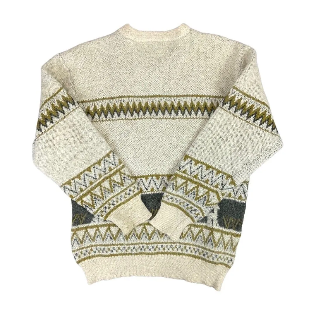 Vintage 80s 90s Cream Grey Alpaca Zig-Zag Patterned Knitted Jumper S M