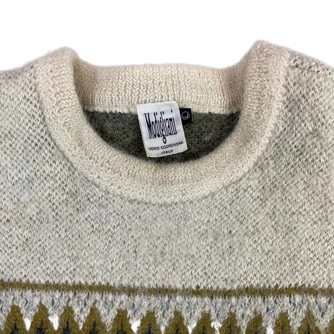 Vintage 80s 90s Cream Grey Alpaca Zig-Zag Patterned Knitted Jumper S M