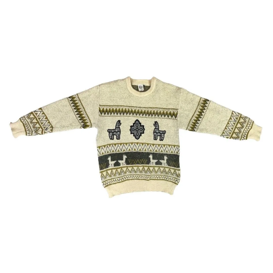 Vintage 80s 90s Cream Grey Alpaca Zig-Zag Patterned Knitted Jumper S M