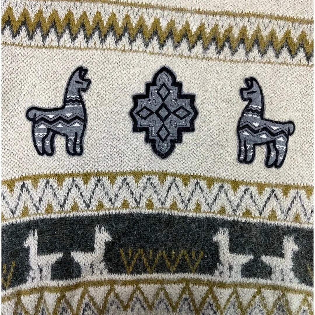 Vintage 80s 90s Cream Grey Alpaca Zig-Zag Patterned Knitted Jumper S M