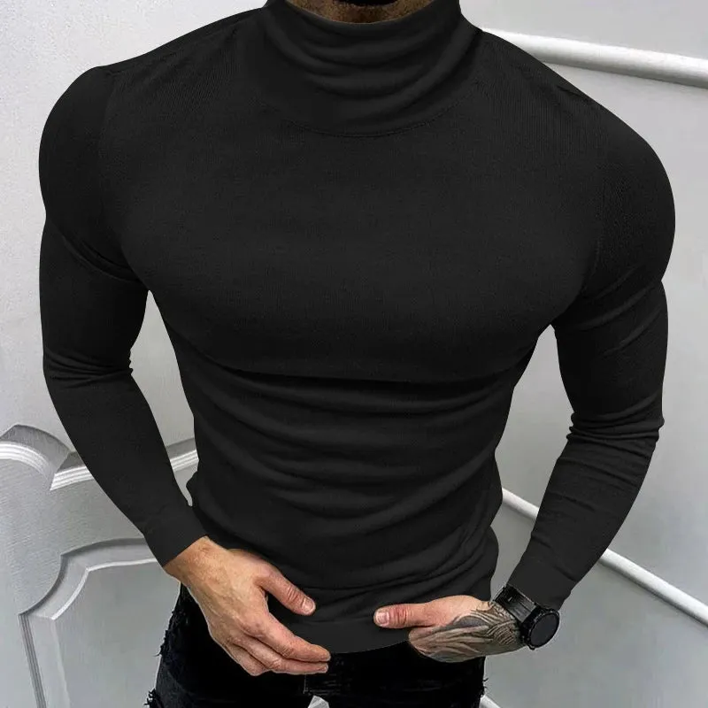 WIAOFELLAS  -  2024 Spring Fall Casual Solid Color Basic T-shirt Men Clothing T Shirt Luxury Men's T Shirts Turtleneck Long Sleeve Slim Tops