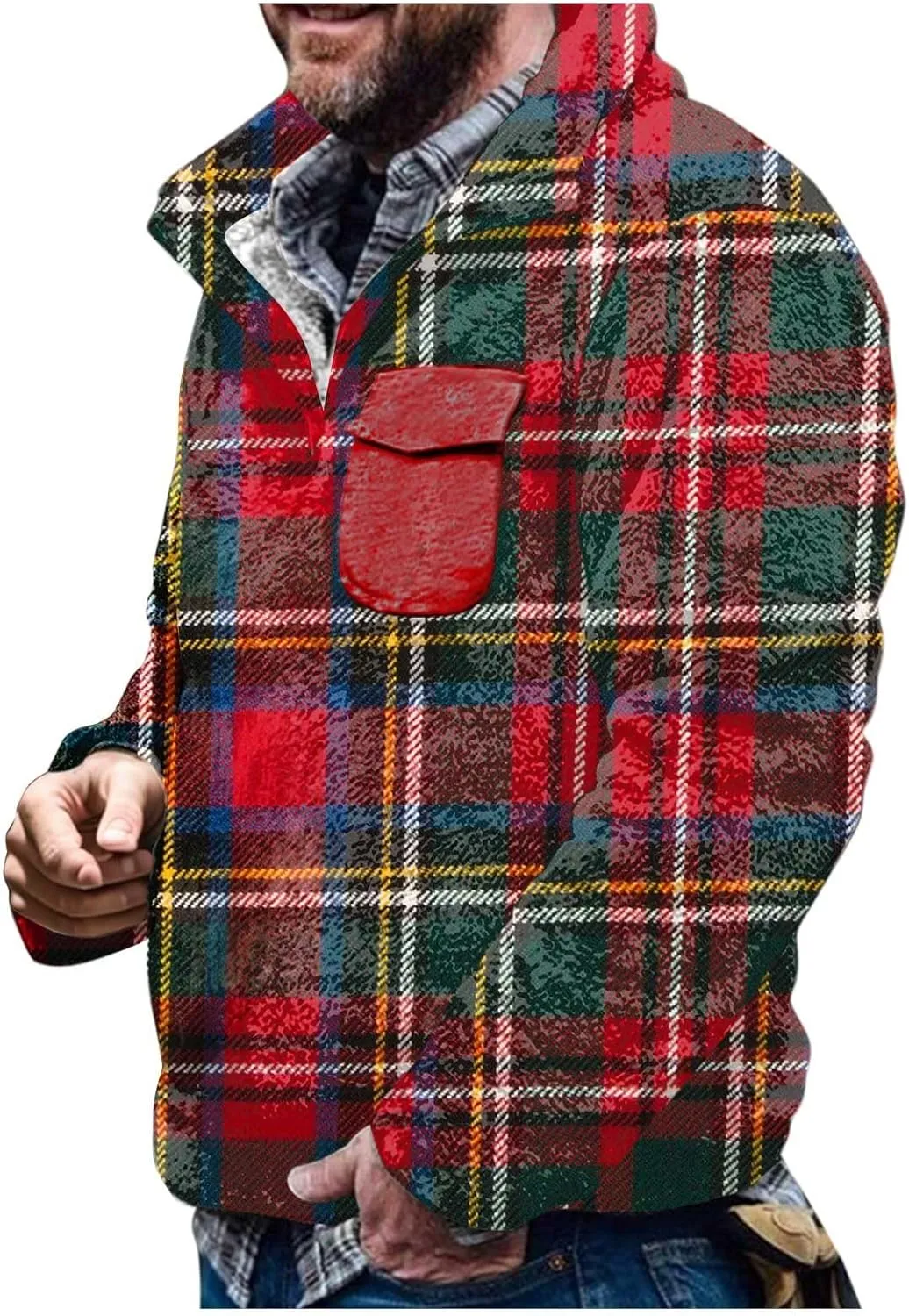 Winter Coats for Men,Mens Plaid Vintage Fuzzy Sherpa Pullover Sweatshirt Fleece Jacket Winter Long Sleeve Sweater with Pocket