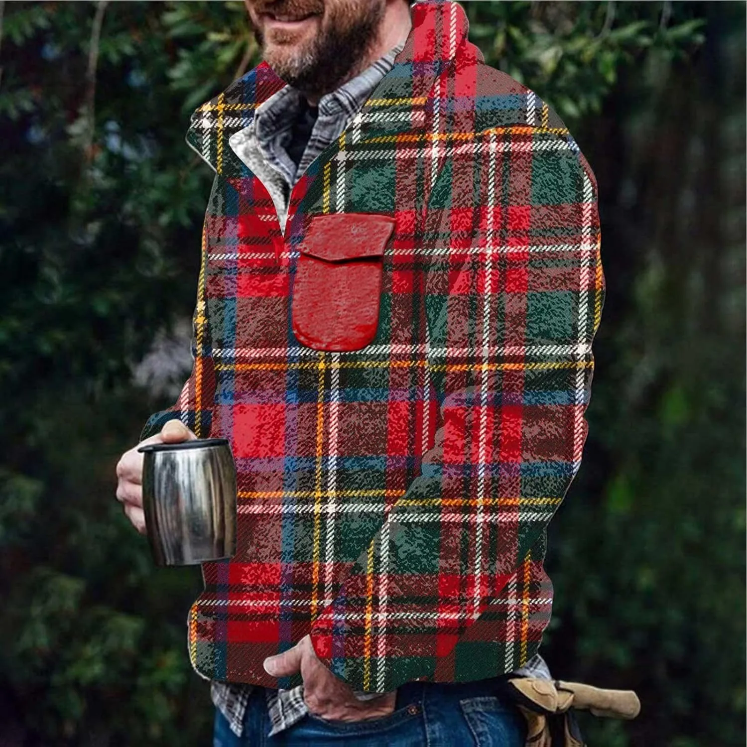 Winter Coats for Men,Mens Plaid Vintage Fuzzy Sherpa Pullover Sweatshirt Fleece Jacket Winter Long Sleeve Sweater with Pocket