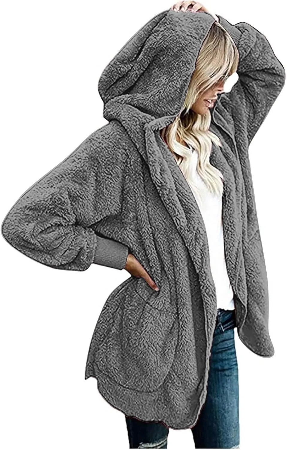 Winter Coats for Women 2024 Plus Size Long Sleeve Fuzzy Fleece Jacket Hooded Casual Warm Open Front Cardigans Outwear