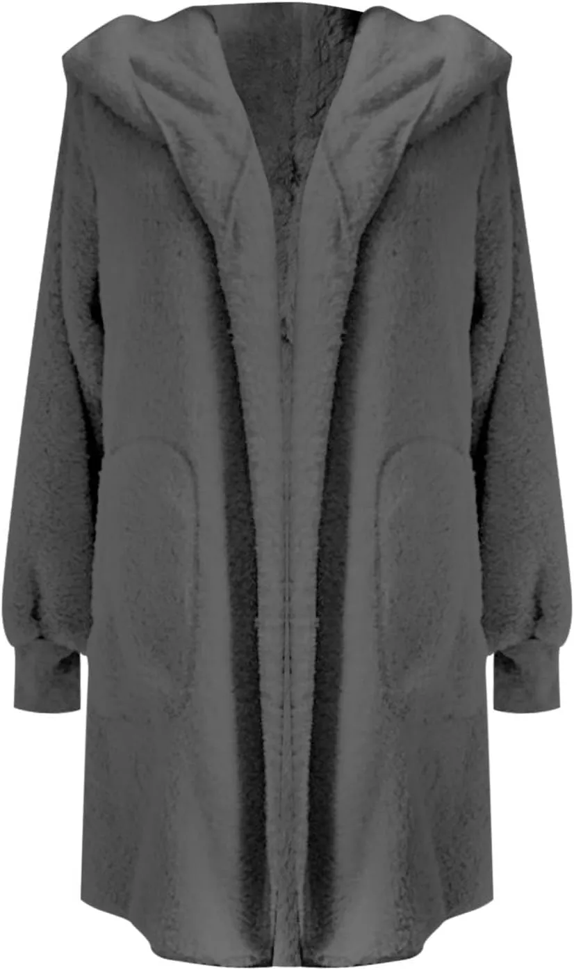 Winter Coats for Women 2024 Plus Size Long Sleeve Fuzzy Fleece Jacket Hooded Casual Warm Open Front Cardigans Outwear