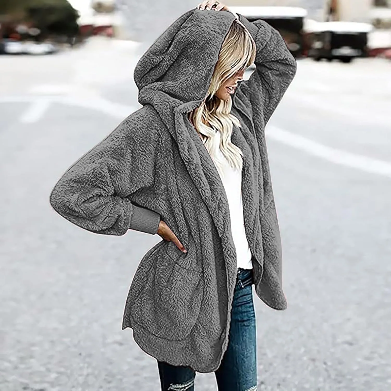Winter Coats for Women 2024 Plus Size Long Sleeve Fuzzy Fleece Jacket Hooded Casual Warm Open Front Cardigans Outwear