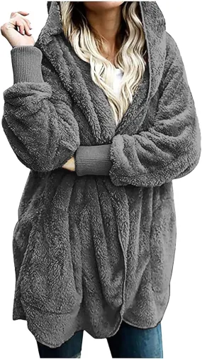 Winter Coats for Women 2024 Plus Size Long Sleeve Fuzzy Fleece Jacket Hooded Casual Warm Open Front Cardigans Outwear