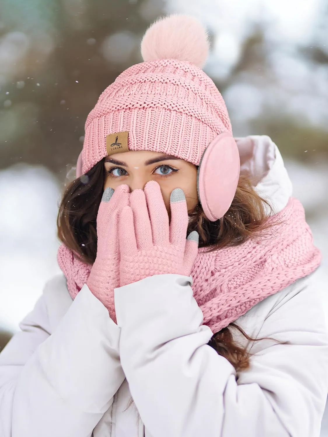 Winter Hat Scarf Gloves and Ear Warmer, Warm Knit Beanie Hat Touch Screen Gloves Set Winter Gifts Neck Scarves for Women