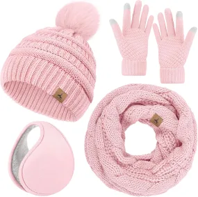 Winter Hat Scarf Gloves and Ear Warmer, Warm Knit Beanie Hat Touch Screen Gloves Set Winter Gifts Neck Scarves for Women