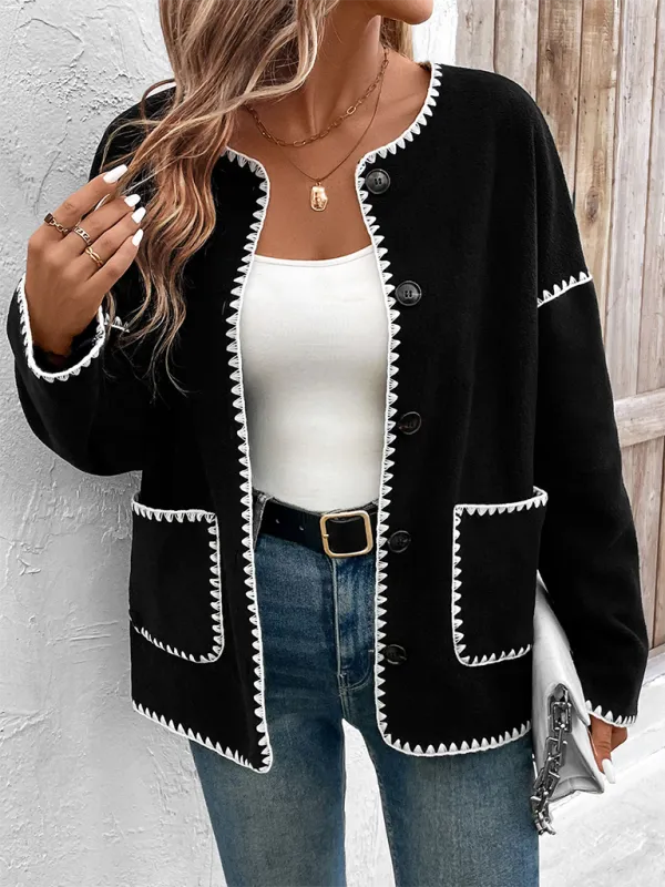 Women Black Fleece Jacket with Zigzag Stitching