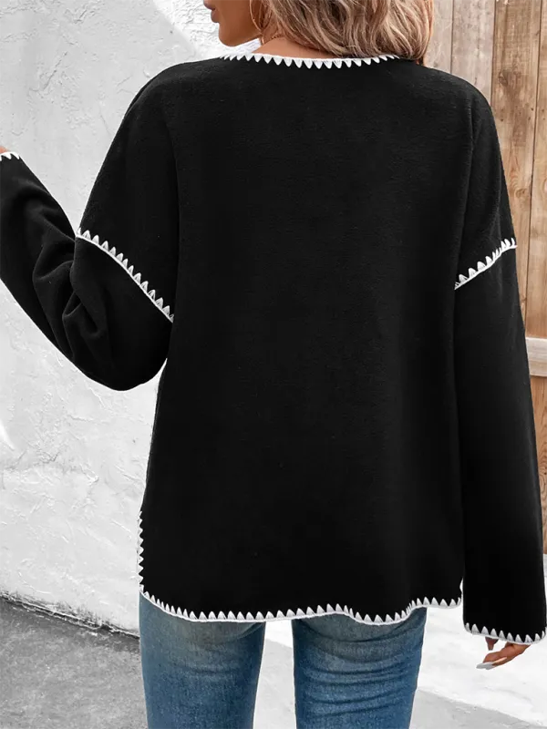 Women Black Fleece Jacket with Zigzag Stitching