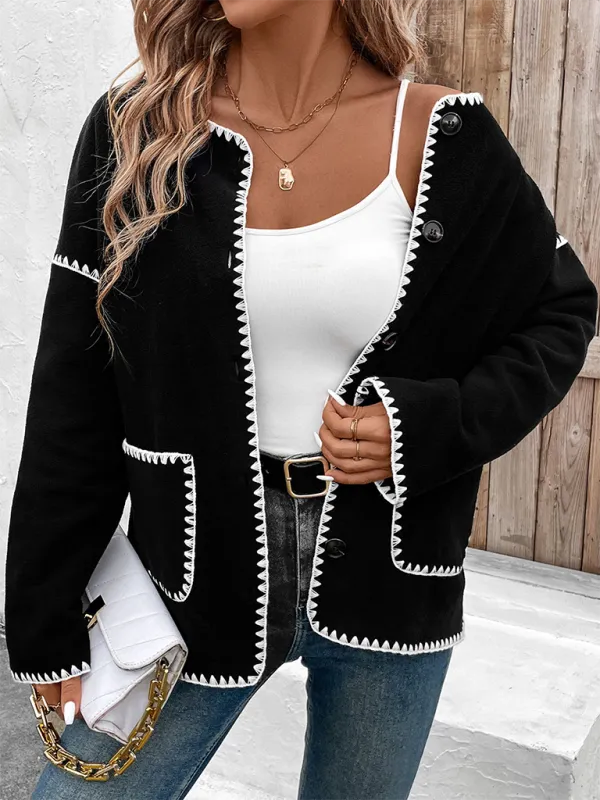 Women Black Fleece Jacket with Zigzag Stitching