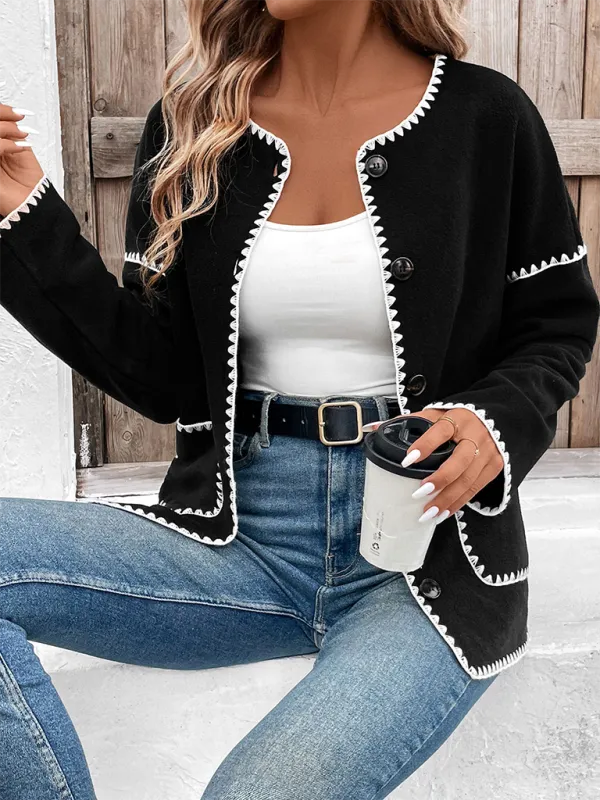 Women Black Fleece Jacket with Zigzag Stitching