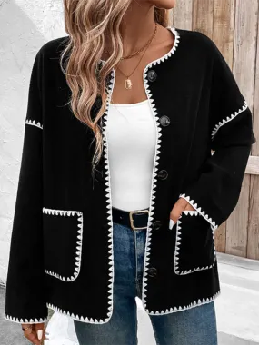 Women Black Fleece Jacket with Zigzag Stitching