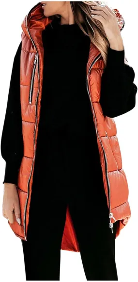 Women's Long Quilted Vest Hooded Full-Zip Sleeveless Down Coat Outwear With Pockets 2024 Winter Warm Padded Jacket