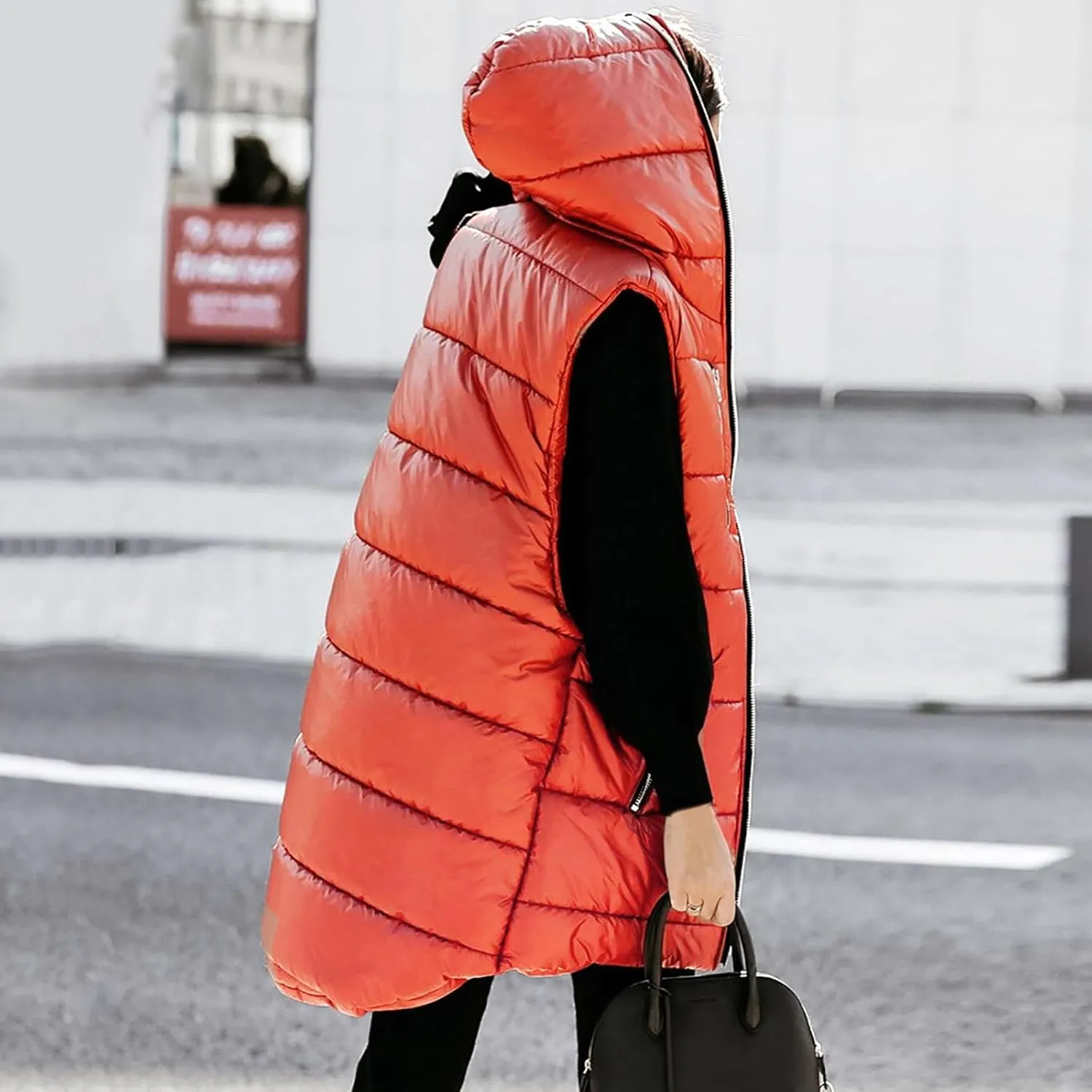 Women's Long Quilted Vest Hooded Full-Zip Sleeveless Down Coat Outwear With Pockets 2024 Winter Warm Padded Jacket