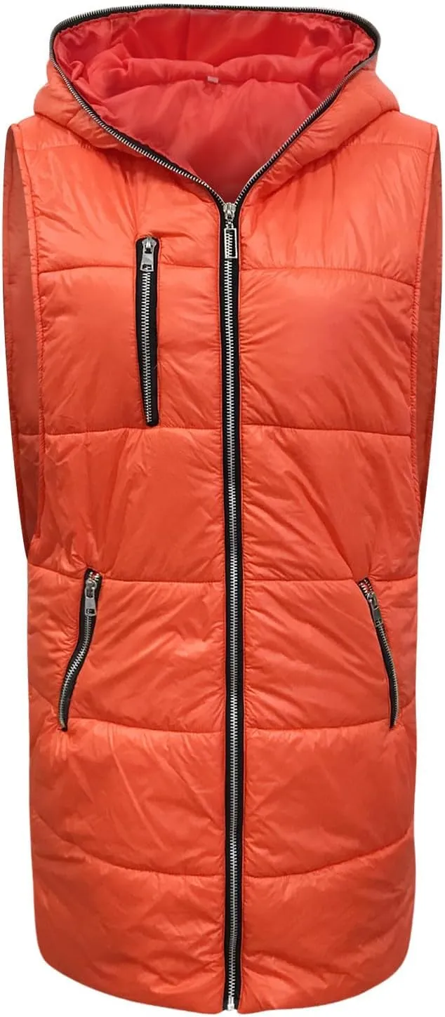 Women's Long Quilted Vest Hooded Full-Zip Sleeveless Down Coat Outwear With Pockets 2024 Winter Warm Padded Jacket