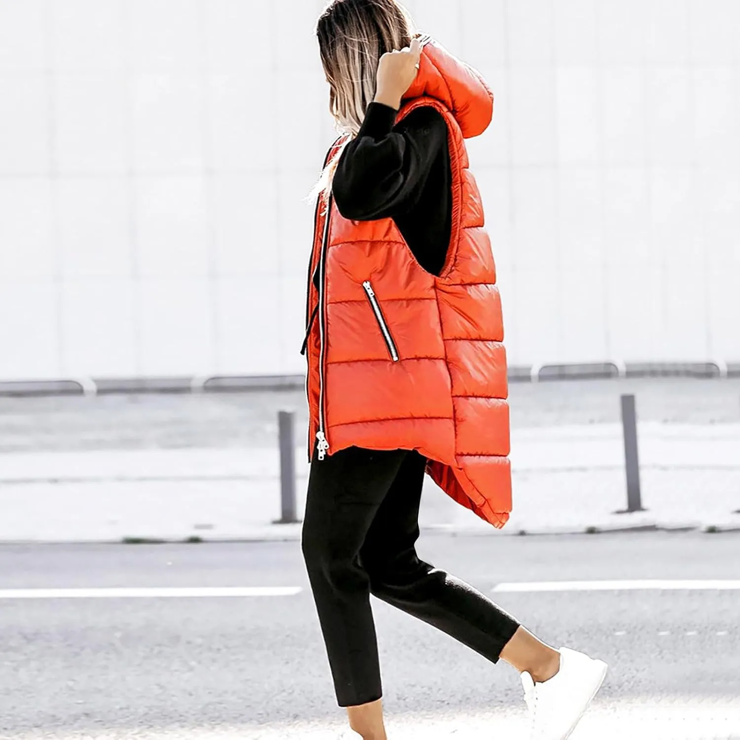 Women's Long Quilted Vest Hooded Full-Zip Sleeveless Down Coat Outwear With Pockets 2024 Winter Warm Padded Jacket