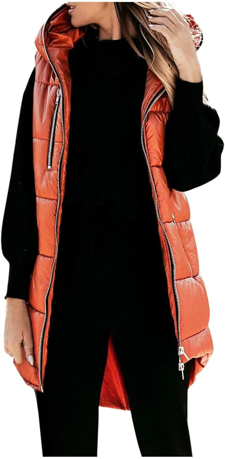Women's Long Quilted Vest Hooded Full-Zip Sleeveless Down Coat Outwear With Pockets 2024 Winter Warm Padded Jacket