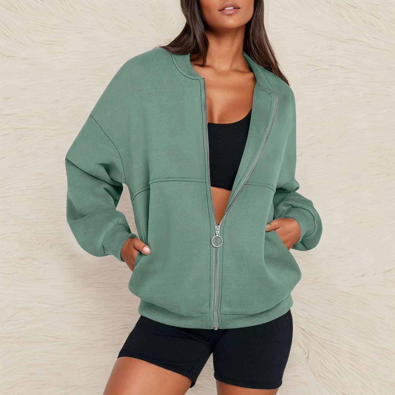 Zip Up Jackets for Women Fleece Oversized Sweatshirt Baggy Drop Shoulder Trendy Y2k Teen Girls Fall Clothes w/Pockets